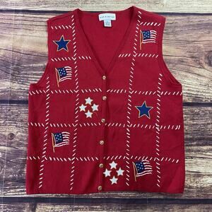 Croft & Barrow Sweater Vest Womens XL Red Christmas American Embroidered V Neck